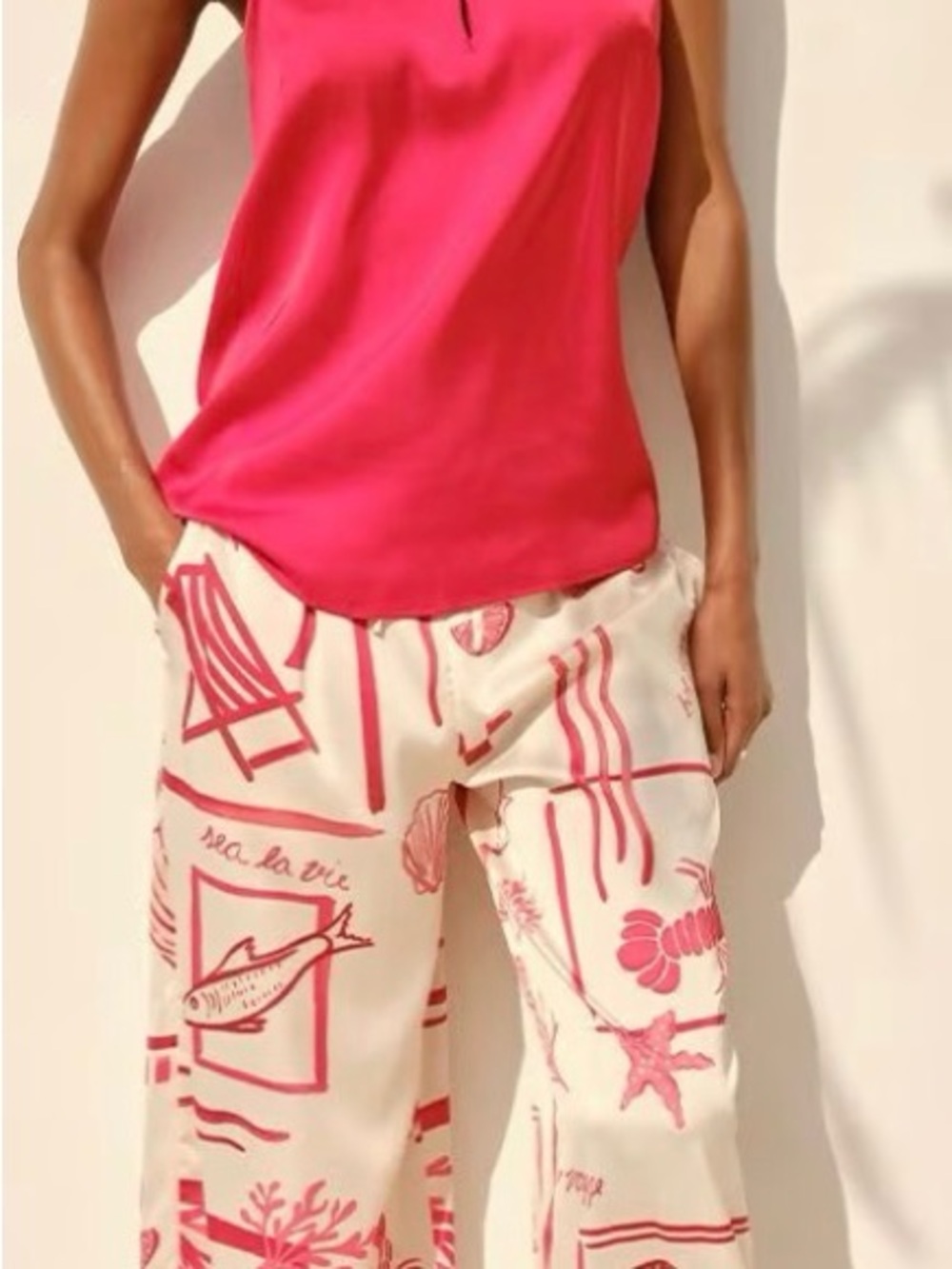 Soma NWT Sea La Vie Cream Satin Pants with Cherry Pink Print